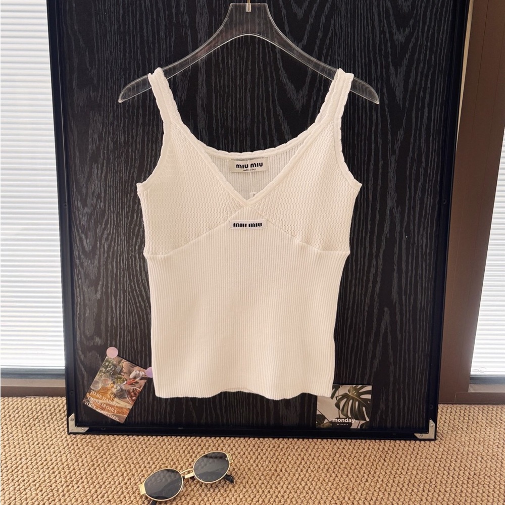 Miu Miu White Ribbed Knit Camisole Tank Top